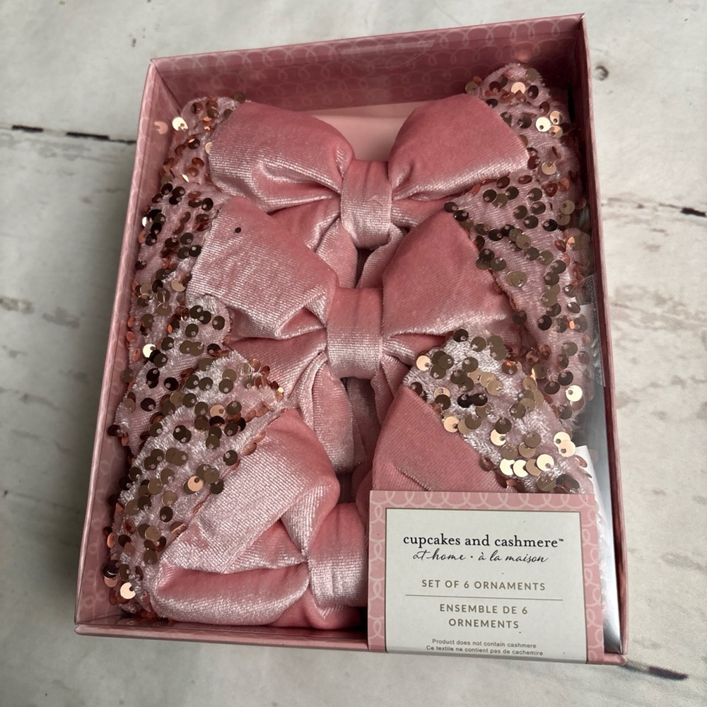 Cupcakes and Cashmere Pink Sequin Velvet Bow 6” Christmas Ornaments